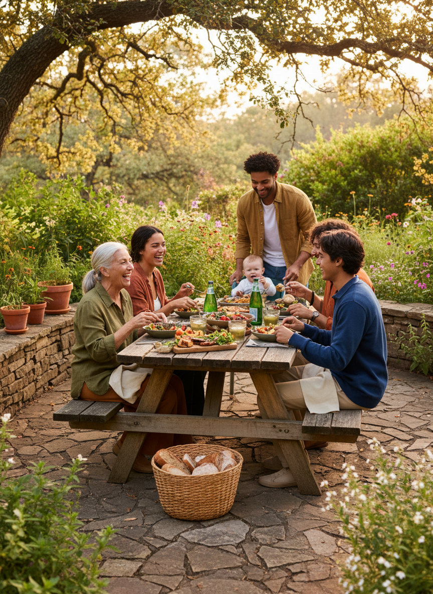 Neighbors gathered around a table sharing a meal outdoors