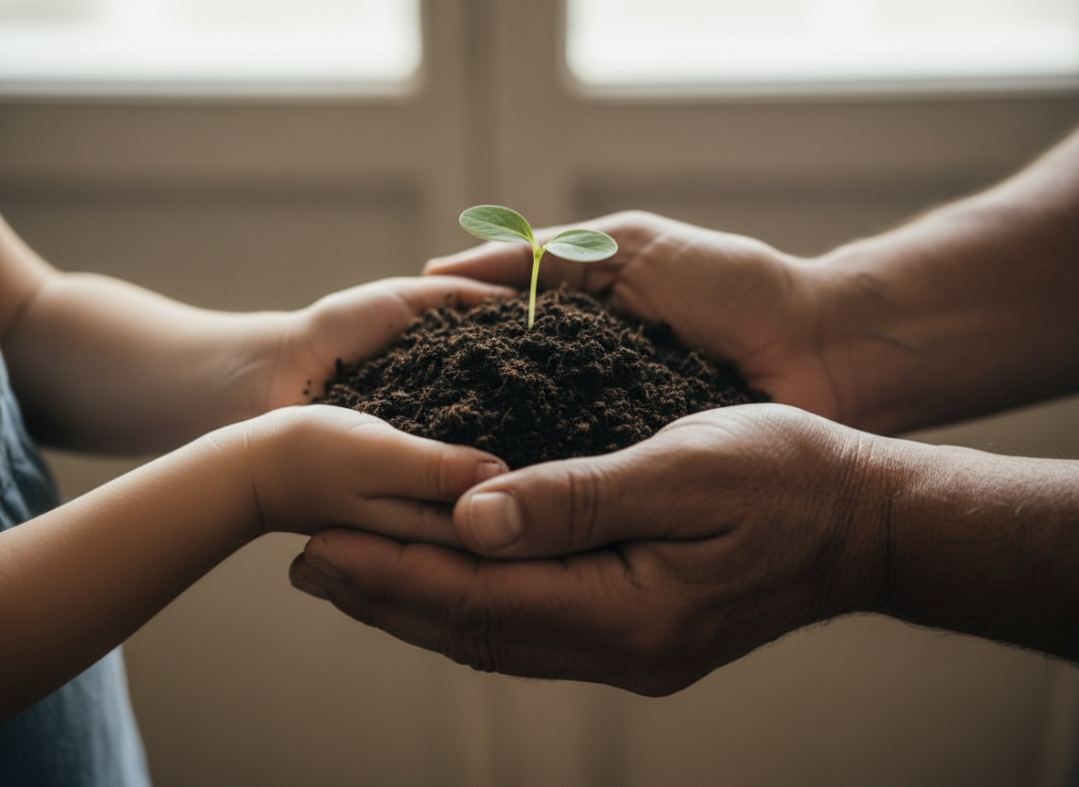 Hands of different ages holding soil with a small green sprout