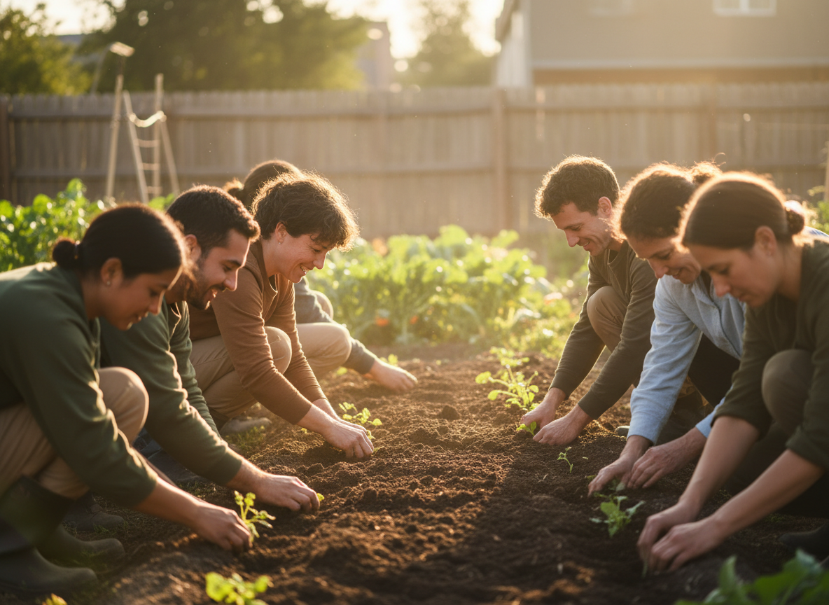 Community members planting seedlings together in a sunlit garden
